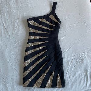 Bebe Black Gold Sequined Bodycon Dress size XS